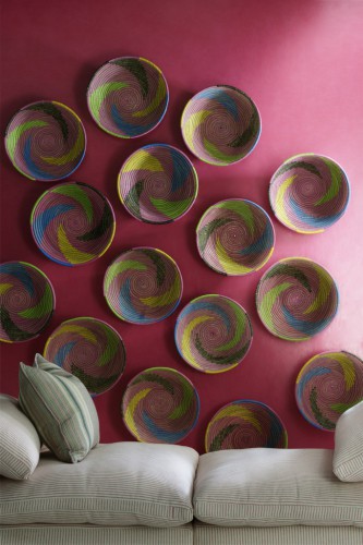 Japan-Indian-Pink-Lacquered-Wallpaper-with-Truman-Sectional-Sofa-Armless-Sections-in-Savannah-Paradise-and-Emily-Flamingo-Cushion-Lifestyle