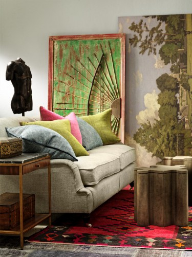 Montague-Sofa-upholstered-in-Paraggi-Muscari-with-scatter-cushions-in-Palazzo-Parasol-Moss-and-Teal-with-Rufus-Side-Table