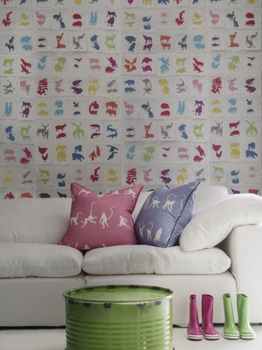 two by two multi wallpaper truman sectional sofa white linen monkey puzzle bluebell - monkey puzzle pink cushions lifestyle