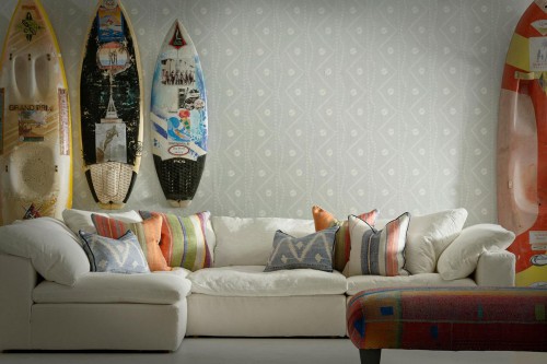 SabraSeaWallpaperTrumanSectionalSofaWhiteLinen CushionsinBabylonDenimElbrusMultiIndusMultiandElbrusDenim