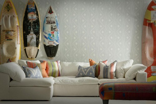 SabraSeaWallpaperTrumanSectionalSofaWhiteLinen CushionsinBabylonDenimElbrusMultiIndusMultiandElbrusDenim
